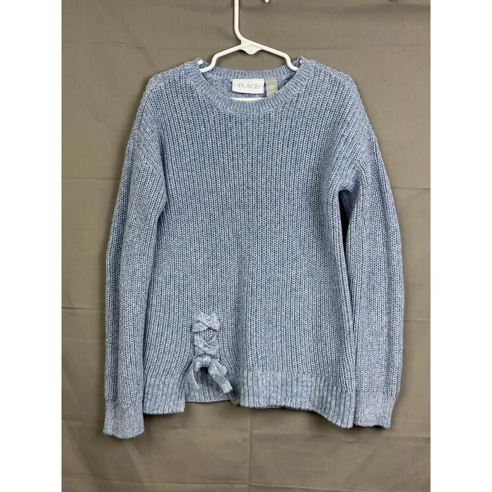 The Children’s Place Girls Sweater Blue Knit Crewneck Cute Bow, Size 7/8